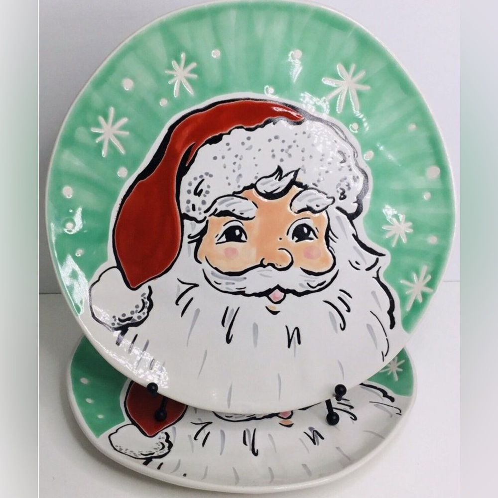 2 Ceramic Dinner Plates ELI + ANA Sammy Santa Green Christmas Holiday 10.5" New